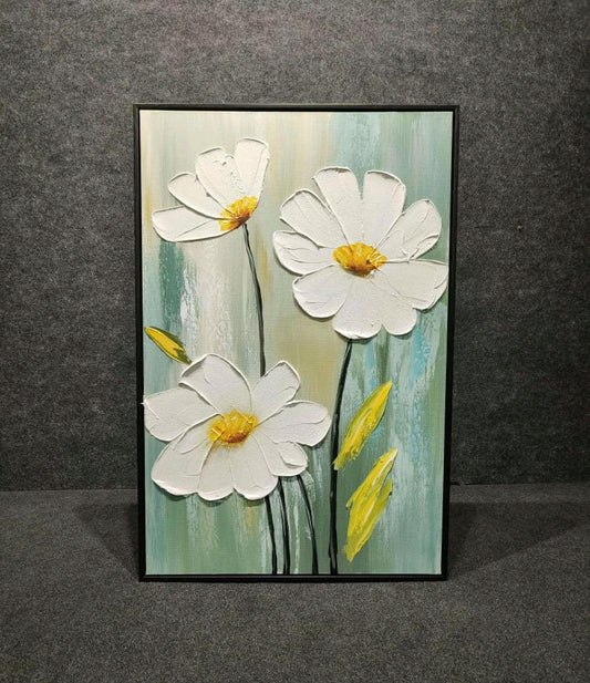 White Daisy Blooms on Green Canvas Handmade Paintin (60 x 90 CM)