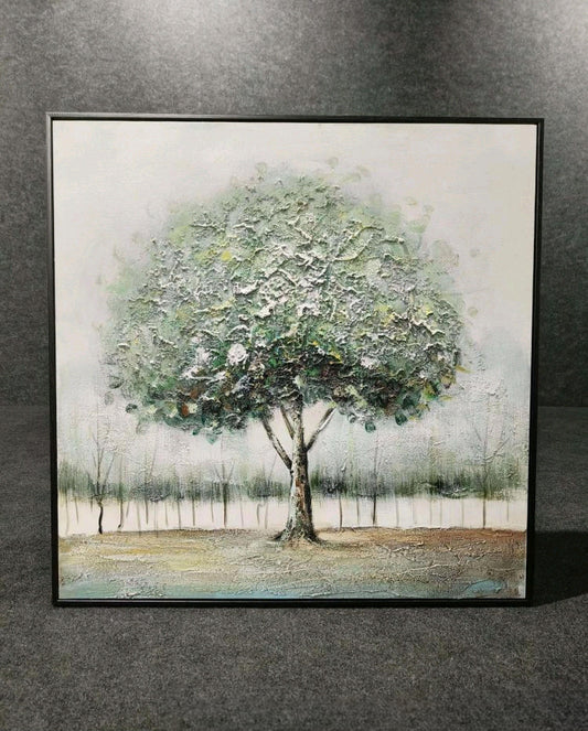 Textured Green Tree Canvas Painting – Handmade Nature Wall Art (80 x 80 CM) with Aluminium Frame