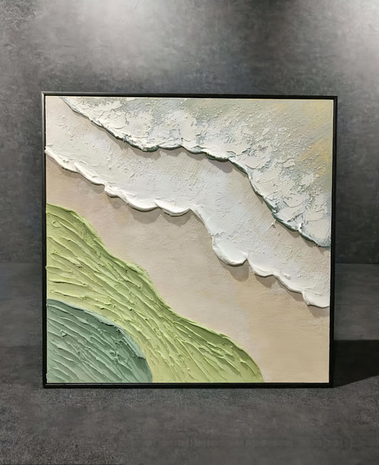Coastal Shoreline Textured Canvas Painting – Handmade 80 x 80 CM Wall Art with Aluminium Frame