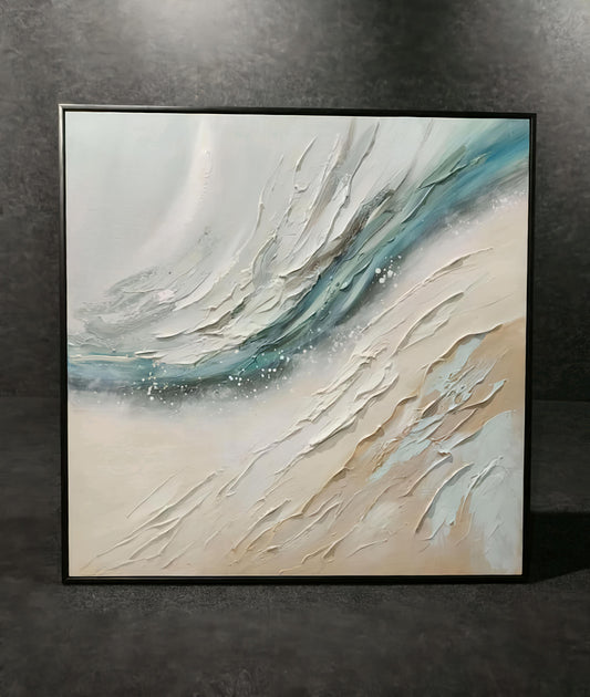 Abstract Ocean Wave Textured Canvas – Handmade 80 x 80 CM Wall Art with Aluminium Frame
