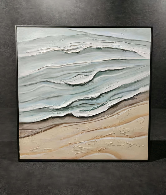 Textured Ocean Waves Canvas Painting – Handmade Seascape Art with Aluminium Frame (80 x 80 CM)