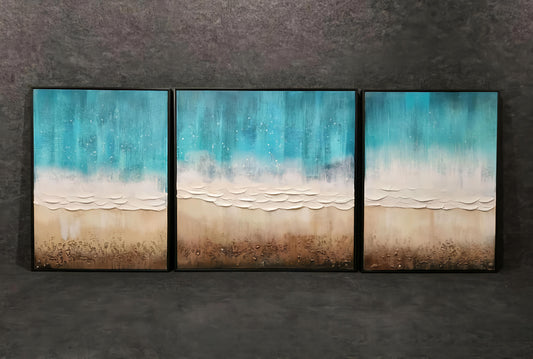 Ocean Waves Inspired Handmade Painting- 3 Piece Set (60 x 80) (80 x 80)
