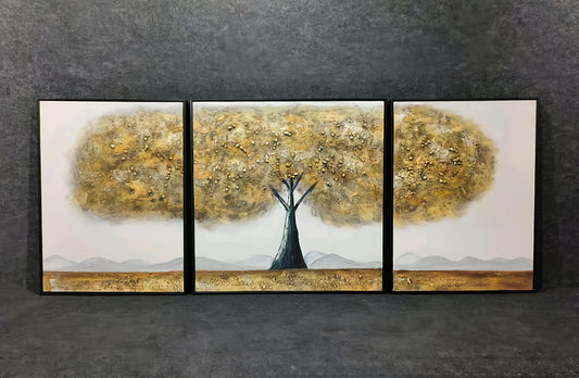 Golden Tree– 3-Piece Handmade Tree Painting Set (60x80 CM x 2 + 80x80 CM)
