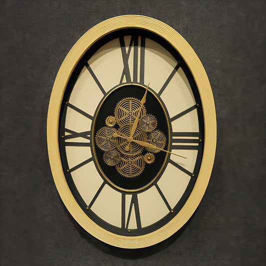 Designer Metal Gear Wall Clock with moving Gear and Wooden Finish (68 x 50 CM)