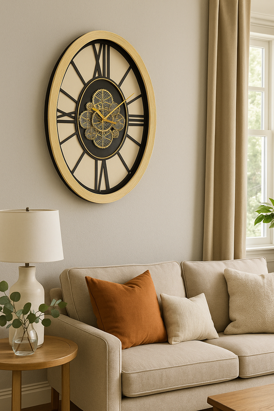 Designer Metal Gear Wall Clock with moving Gear and Wooden Finish (68 x 50 CM)