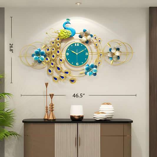 3D Designer Big Peacock Colorful Metal Wall Clock- 46.5 x 26.5 Inch