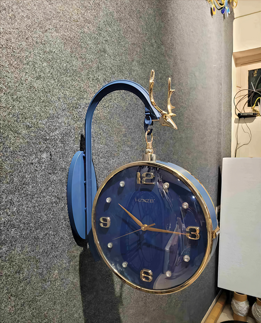 Blue & Gold Double-Sided Wall Clock with Antler Design – 12 Inch Modern Nordic-Style Clock