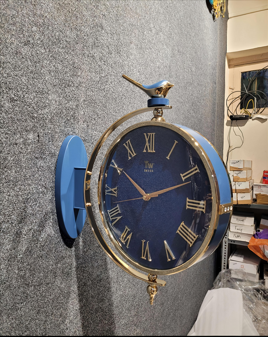 Blue & Gold Double-Sided Wall Clock with Bird Top – 12 Inch Elegant Minimal Wall Clock