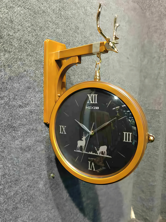 Black & Gold Double-Sided Wall Clock with Deer Horn Top – 12 Inch Antique Look