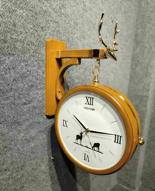 Brown & Gold Double-Sided Wall Clock with Deer Horn Design – 12 Inch Modern Rustic Clock