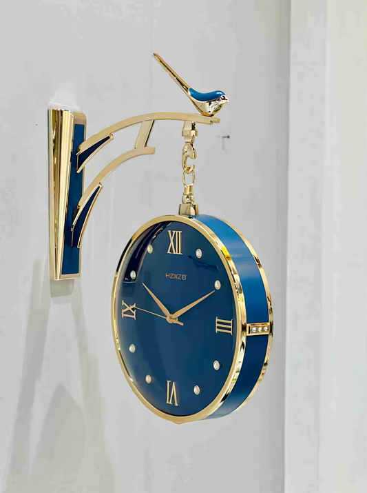Blue  & Gold Double Side Wall Clock with bird Accent- 12 Inch