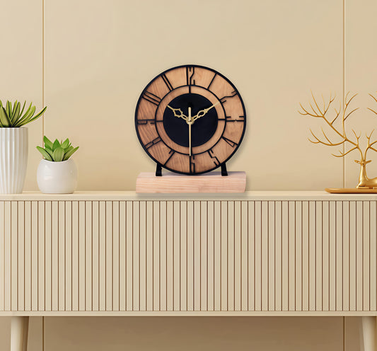 Designer Metal & Wooden Round Table Clock for Living Room & Home (6 Inch)