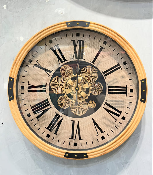 Wood Finish Metallic Gear Wall Clock– 54 CM Vintage Roman Dial Design