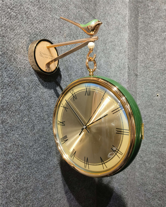 Green & Gold Double-Side Hanging Wall Clock with Bird Ornament