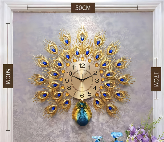 Blue & Gold Jewel Peacock Wall Clock (50cm x 50cm)