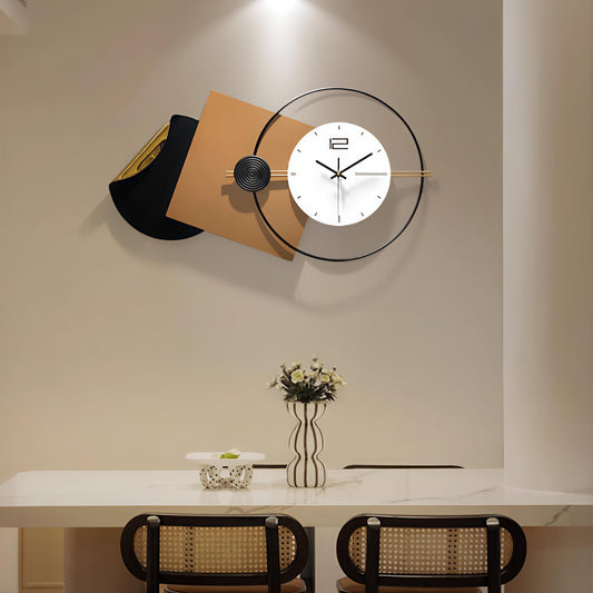 Abstract Art-Inspired Wall Clock – Black, Gold & Beige 103x55 CM