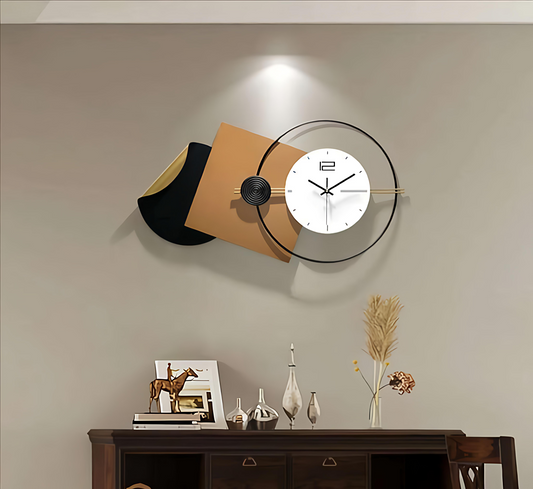 Abstract Art-Inspired Wall Clock – Black, Gold & Beige 103x55 CM