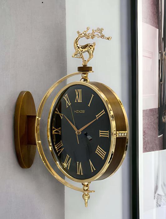 Royal Black & Gold Double-Sided Wall Clock with Deer Crown Top – Vintage Roman Design