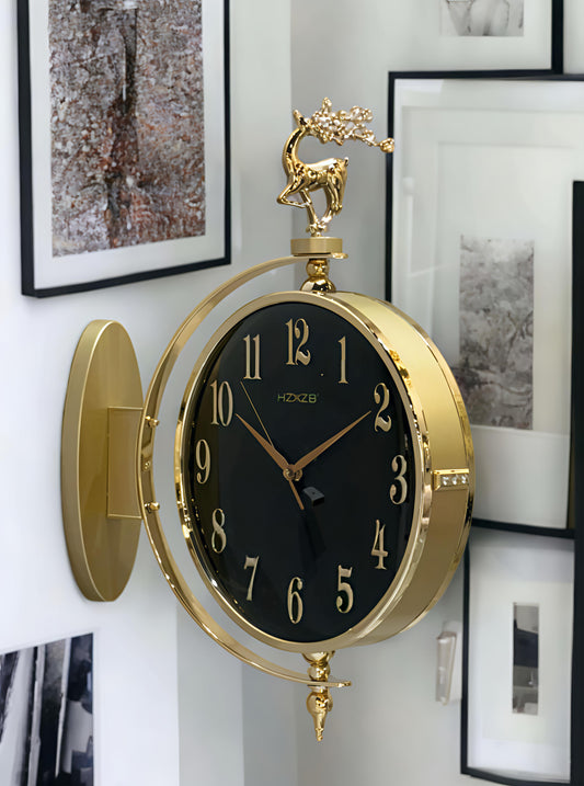 Golden Crown Double-Sided Wall Clock – Black Dial with Deer Topper