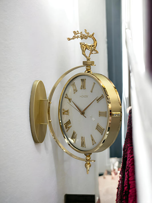 Classic Gold & White Double-Sided Wall Clock with Deer Figurine – Roman Elegance Edition
