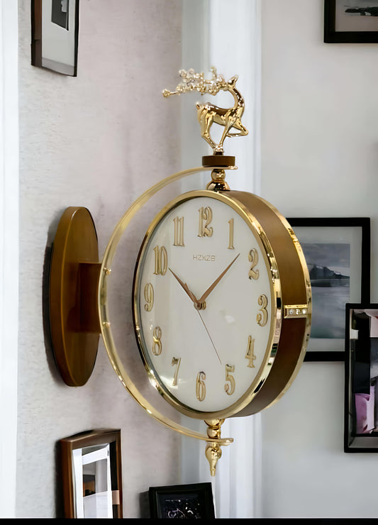 White & Gold Double-Sided Wall Clock with Royal Deer Top – Elegant Numeric Series