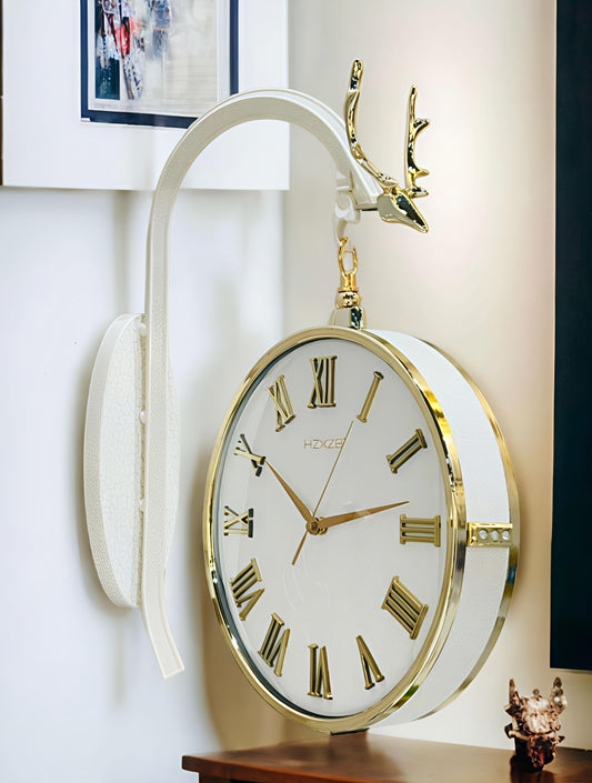 White & Gold Double-Sided Wall Clock with Antler Hook – Luxe Roman Dial