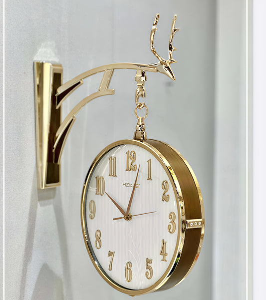 Golden Double Sided Wall Clock- White Dial with Classic & Roman Numerals