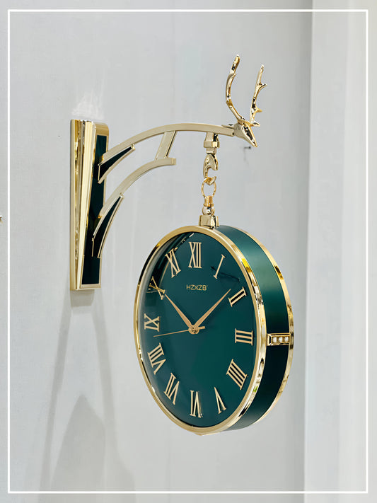 Emerald Green Royale Double-Sided Wall Clock – Roman Dial with Golden Antler Mount