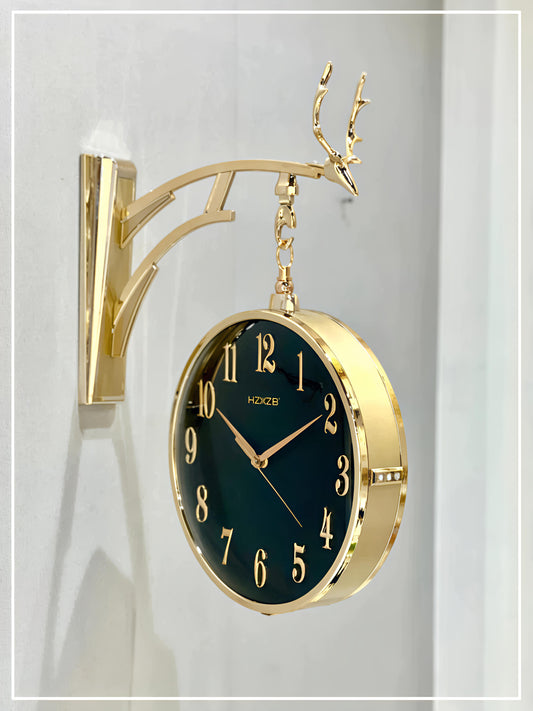 Black & Gold Double-Sided Wall Clock – Gloss Gold with Antler Accent