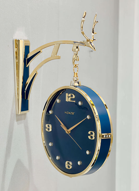 Royal Blue Diamond Studded Double-Sided Wall Clock – Golden Antler Edition