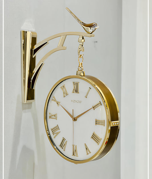 Golden Bird-Inspired Double-Sided Wall Clock- with White Dial