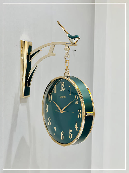 Golden Emerald Bird-Inspired Double-Sided Wall Clock