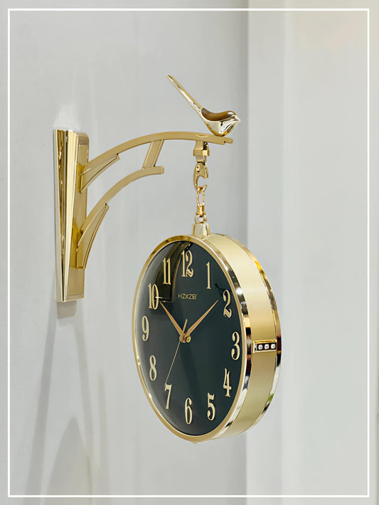 Black & Gold Double Sided Wall Clock- with Bird on Top