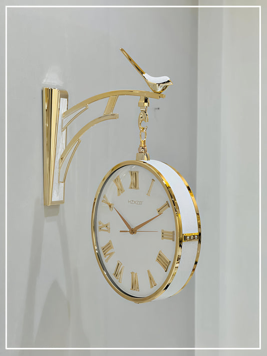 White & Gold Double-Sided Wall Clock– with Bird on Top