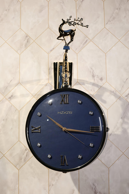 Blue & Gold Double-Sided Wall Clock with Deer Horn Top – 12 Inch Elegant Designer Clock
