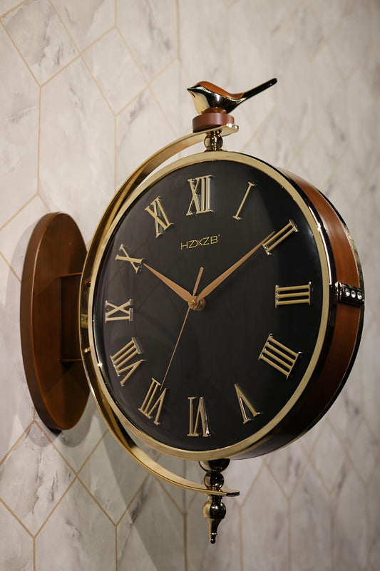Premium Black & Gold Bird Double-Sided Wall Clock