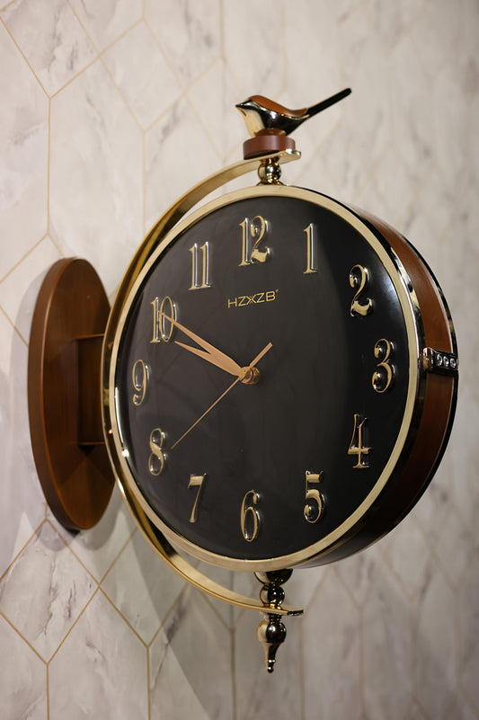 Premium Black & Gold Bird Double-Sided Wall Clock