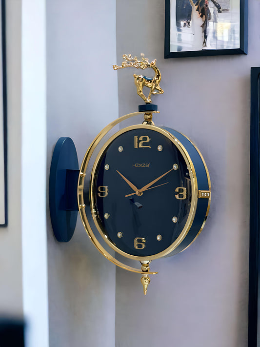 Luxury Blue Double-Sided Wall Clock with Golden Deer Accent
