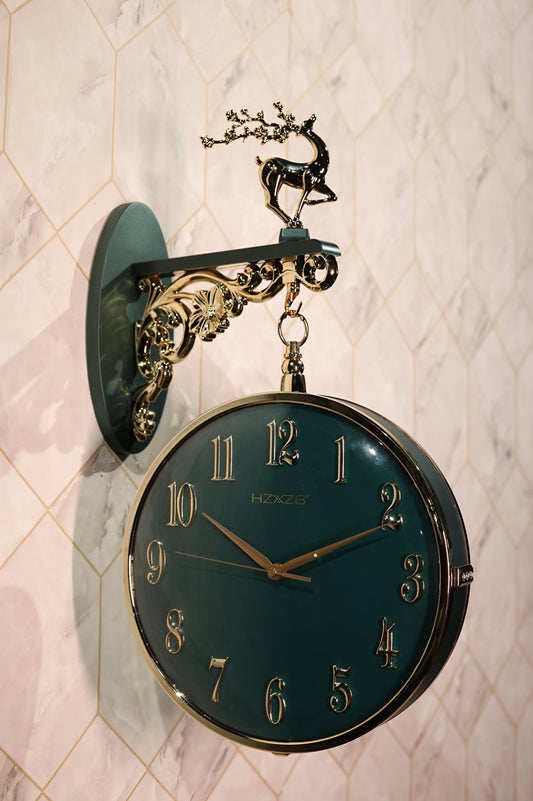 Emerald Gold Deer Double-Sided Wall Clock