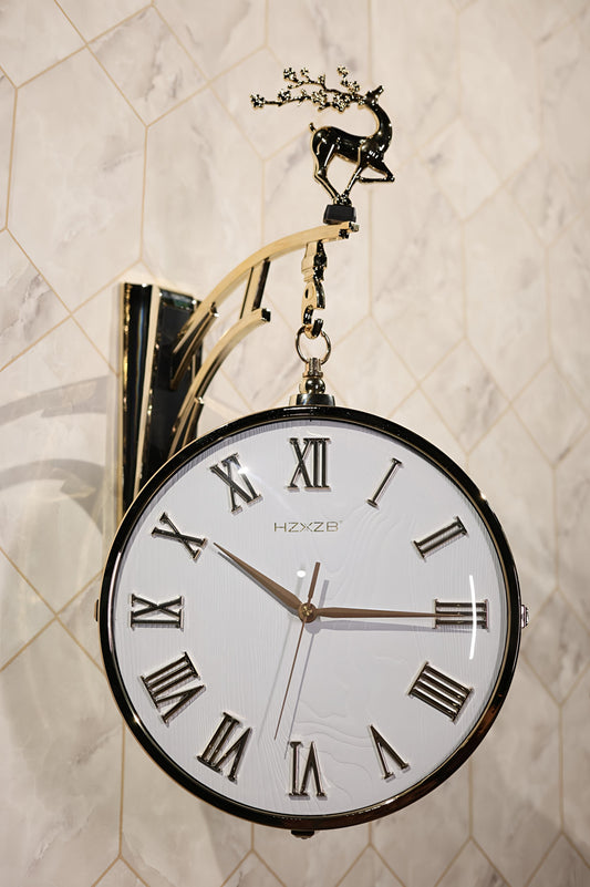 Elegant Double-Sided Wall Clock with Golden Deer Mount
