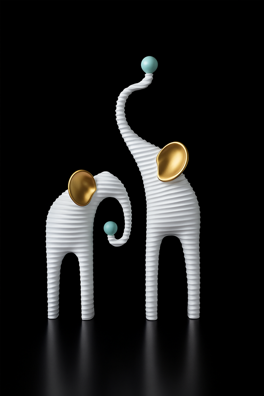 Modern White Elephant Couple Showpiece with Golden Ears & Blue Ball – Set of 2 (30 x 17 x 17 CM)